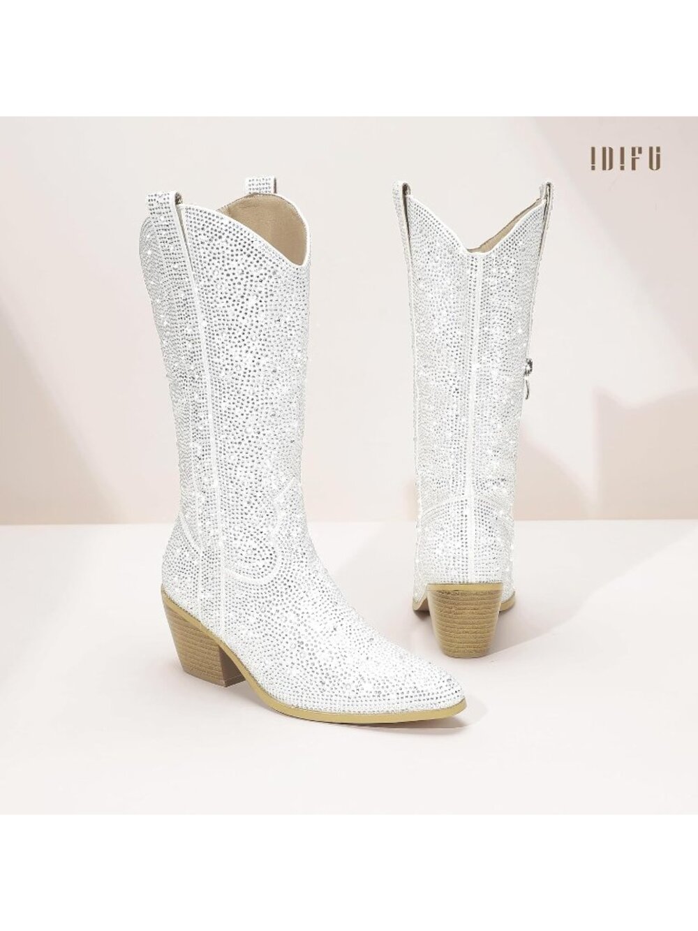 Women's White Rhinestone Mid Calf Sparkly Western Chunky Heel Cowgirl Booties - Picture 5 of 6